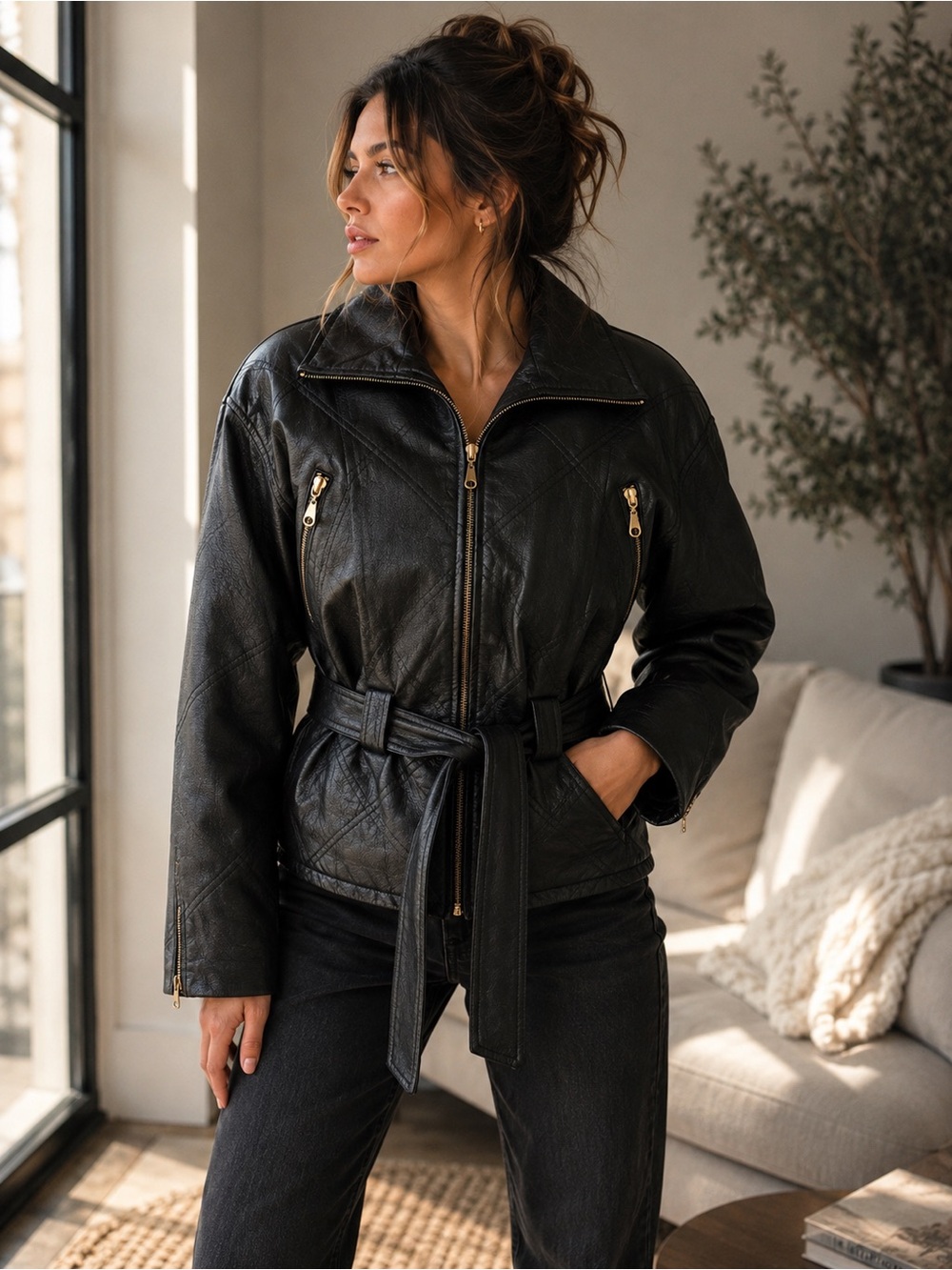 Vintage WNLIT Black Genuine Leather Belted Moto Jacket Gold Zips Size S